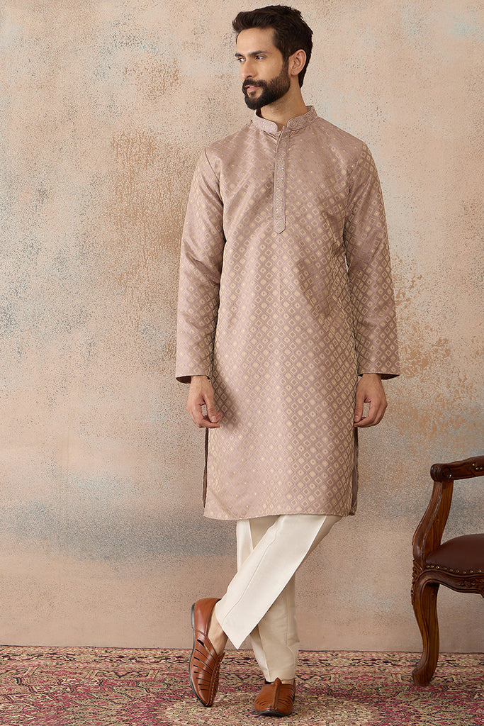 Taupe Jacquard Ethnic Motifs Embroidered Kurta MKU2324