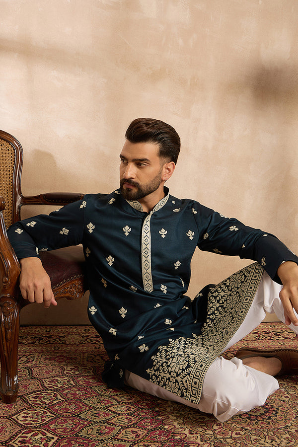 Navy Blue Polyester Solid Embroidered Straight Kurta MKU1810