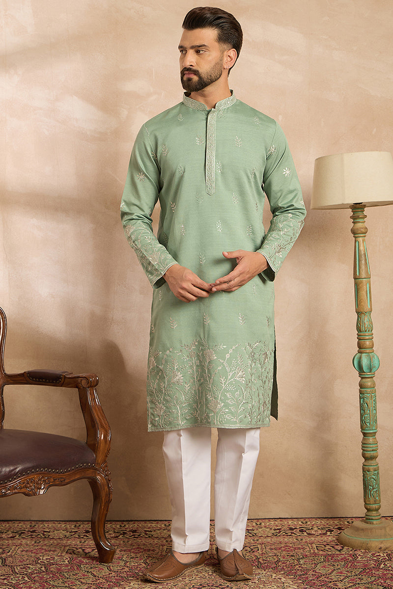 Green Silk Blend Solid Embroidered Straight Kurta With Trouser MKSET1783