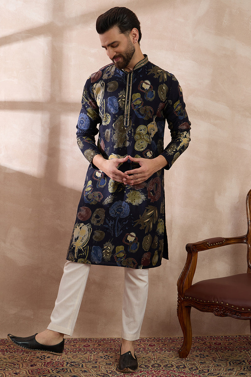 Navy Blue Silk Blend Printed Mandarin Collar Straight Kurta MKU1961