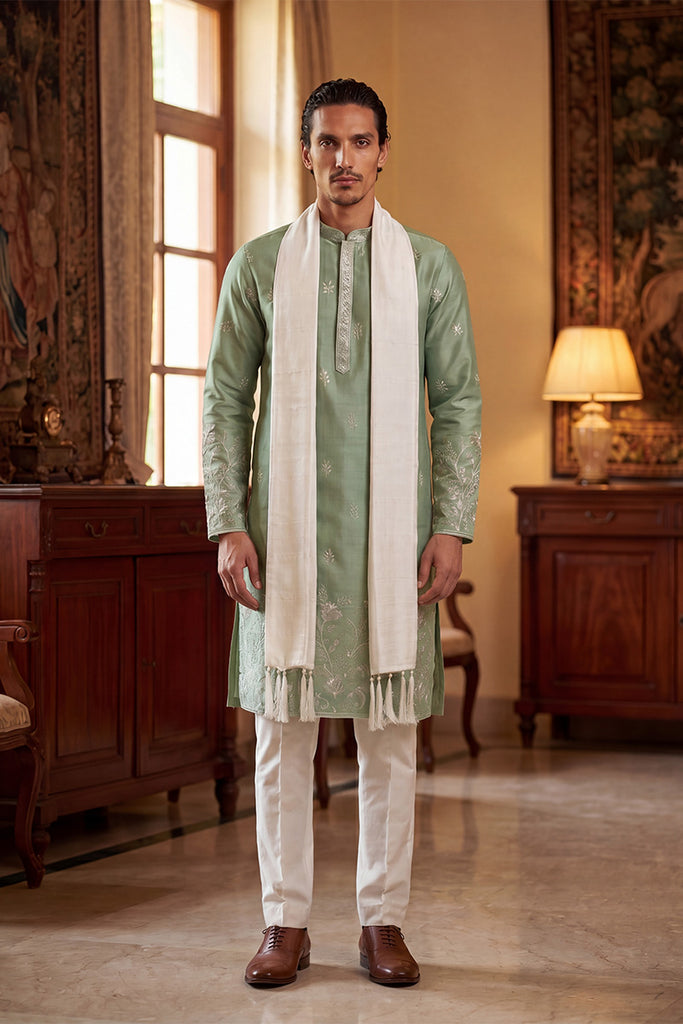 Green Silk Blend Solid Embroidered Straight Kurta Sets MKPD1783