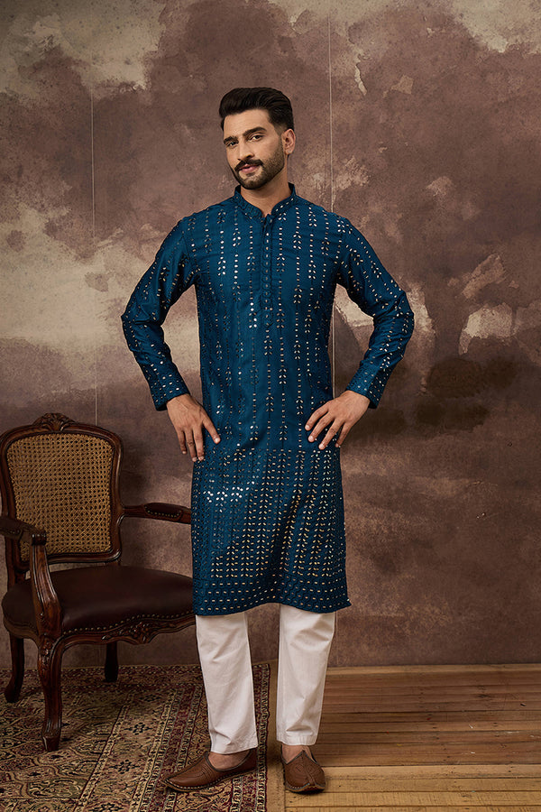 Blue Silk Blend Solid Embroidered Straight Kurta MKU1358