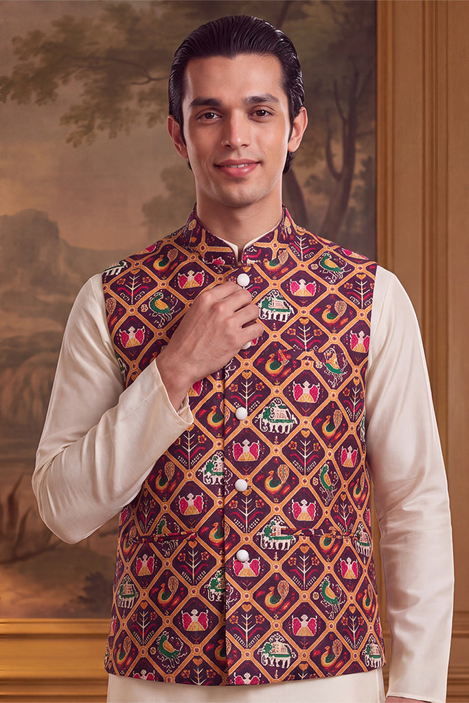 Purple Silk Blend Patola Print Mandarine Collar Koti MKOT1047