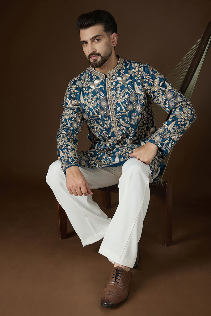 Blue Silk Blend Solid Embroidered Kurta With Trouser MKSET2728