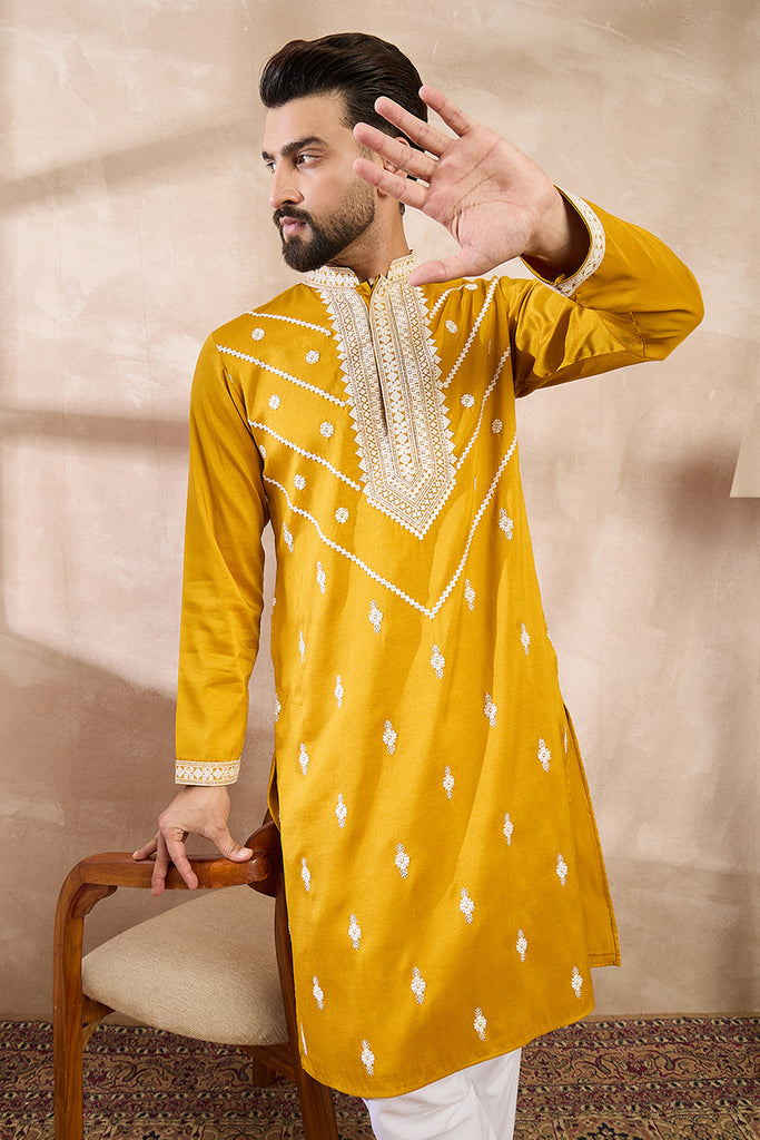 Yellow Silk Blend Ethnic Motifs Embroidered Straight Kurta With Trouser MKSET1790