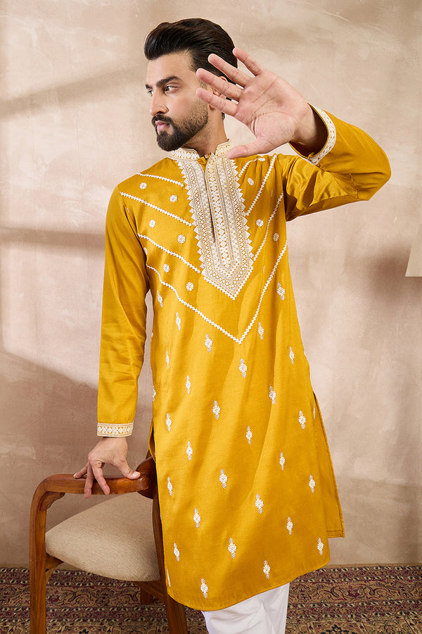 Yellow Silk Blend Ethnic Motifs Embroidered Straight Kurta With Trouser MKSET1790