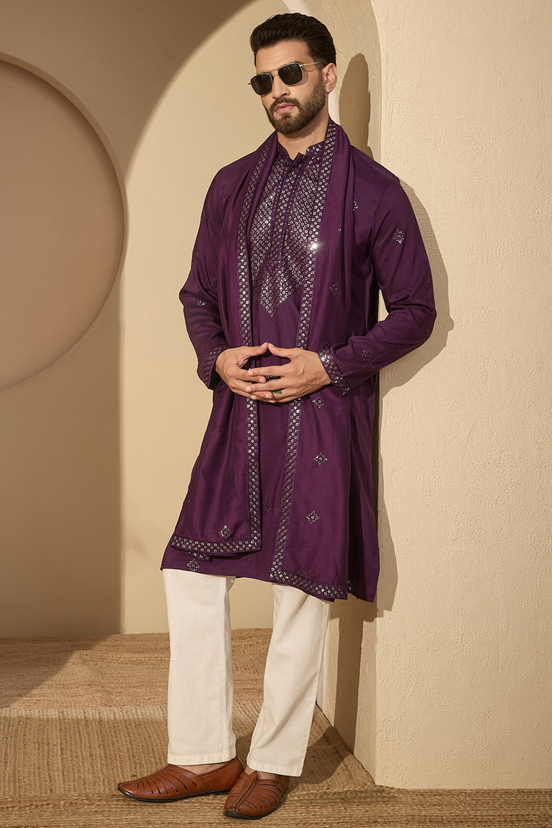 Violet Silk Blend Solid Embroidered Mandarin Collar Kurta & Trouser With Dupatta MKPD1078