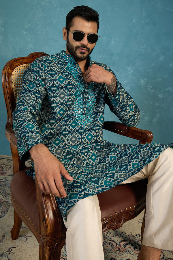 Sea Green Silk Blend Ethnic Motifs Ikat Printed Kurta MKU1893