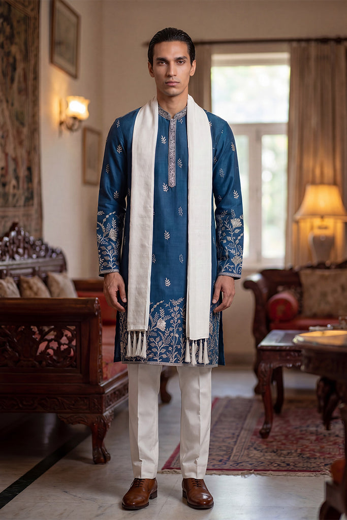 Blue Chanderi Silk Solid Embroidered Straight Kurta Trouser with Dupatta MKPD1315