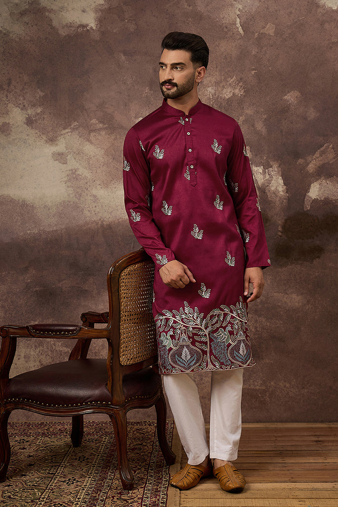 Maroon Silk Blend Solid Embroidered Straight Kurta with Trouser MKSET1346