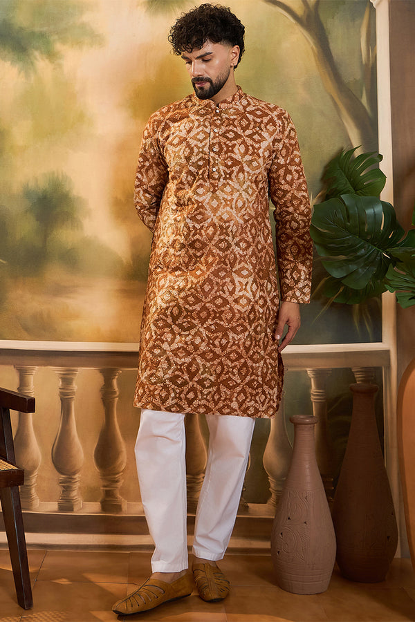 Brown Pure Cotton Batik Embroidered Straight Kurta with Trouser MKSET1461