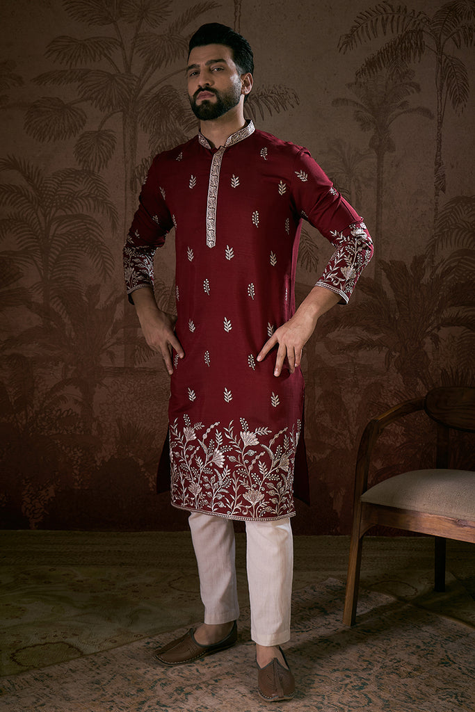 Maroon Silk Blend Solid Embroidered Straight Kurta With Trouser MKSET1945
