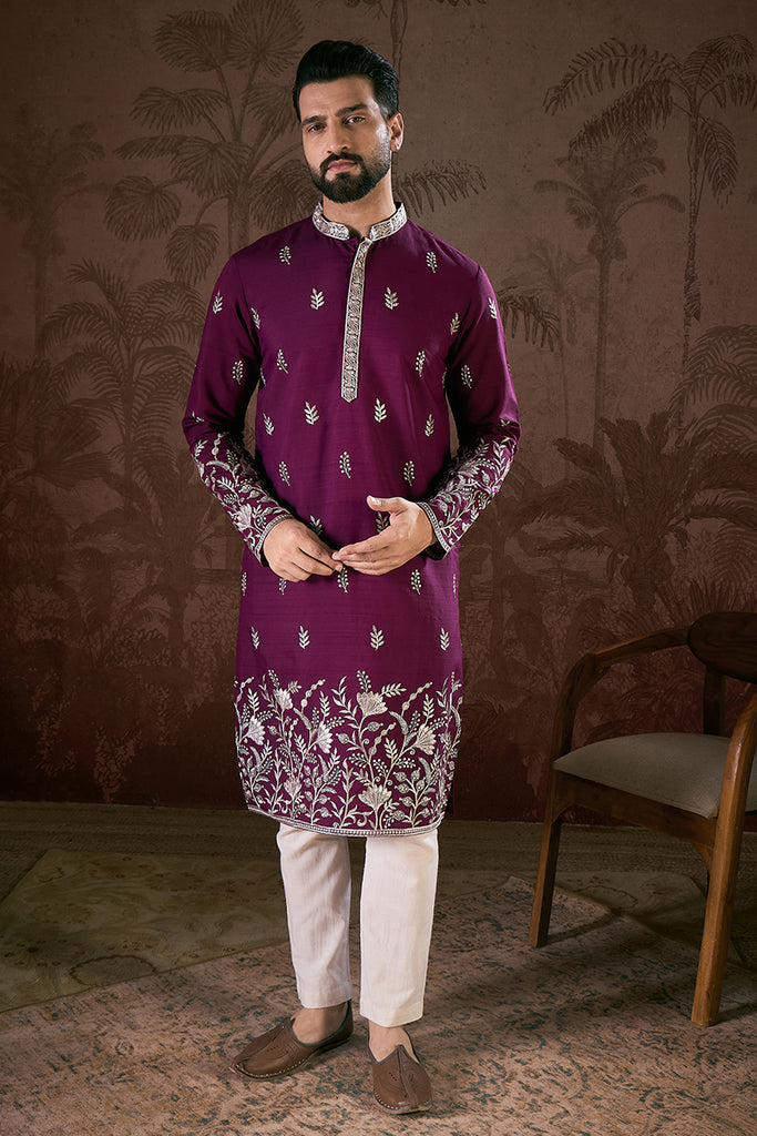 Purple Silk Blend Solid Embroidered Straight Kurta With Trouser MKSET1944