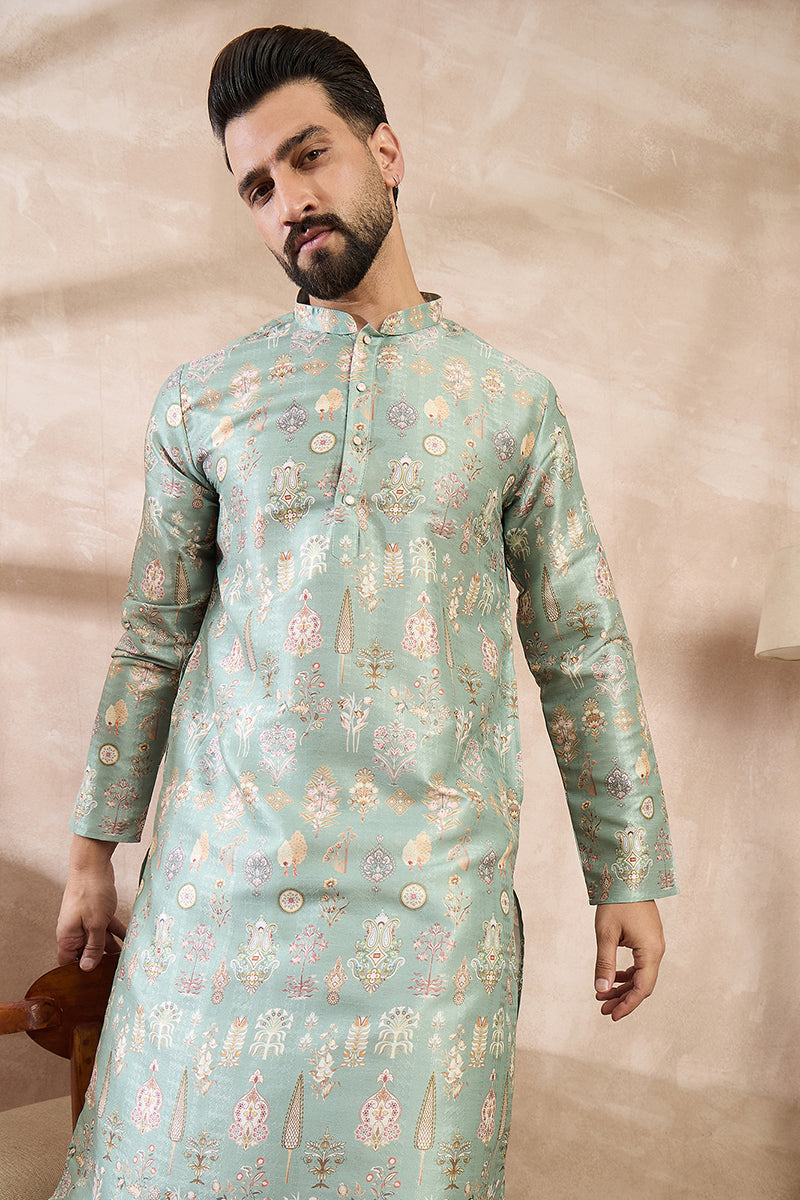 Green Silk Blend Floral Printed Straight Kurta With Trouser MKSET2011