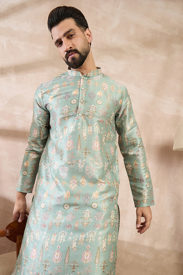 Green Silk Blend Floral Printed Straight Kurta With Trouser MKSET2011