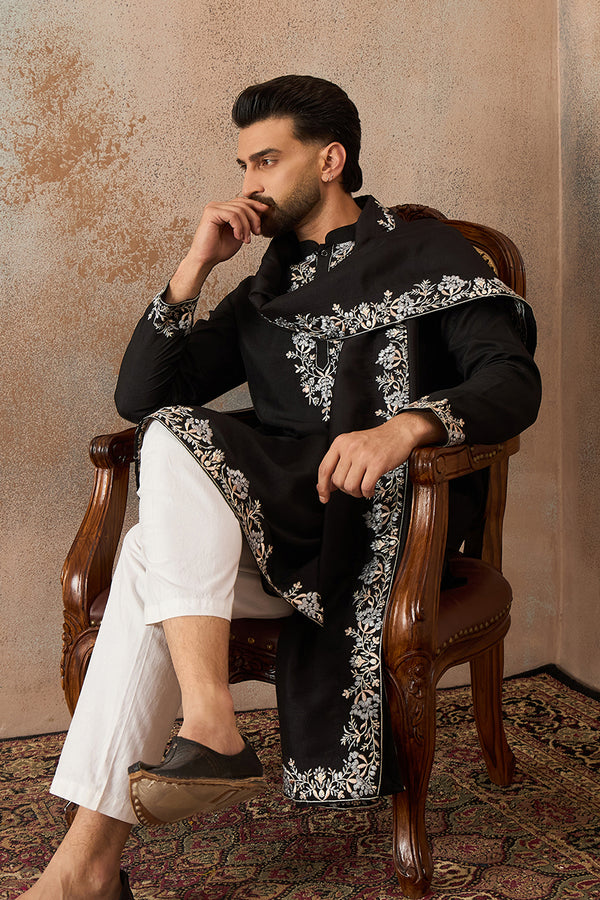 Black Silk Blend Solid Embroidered Kurta With Dupatta MKUD1043