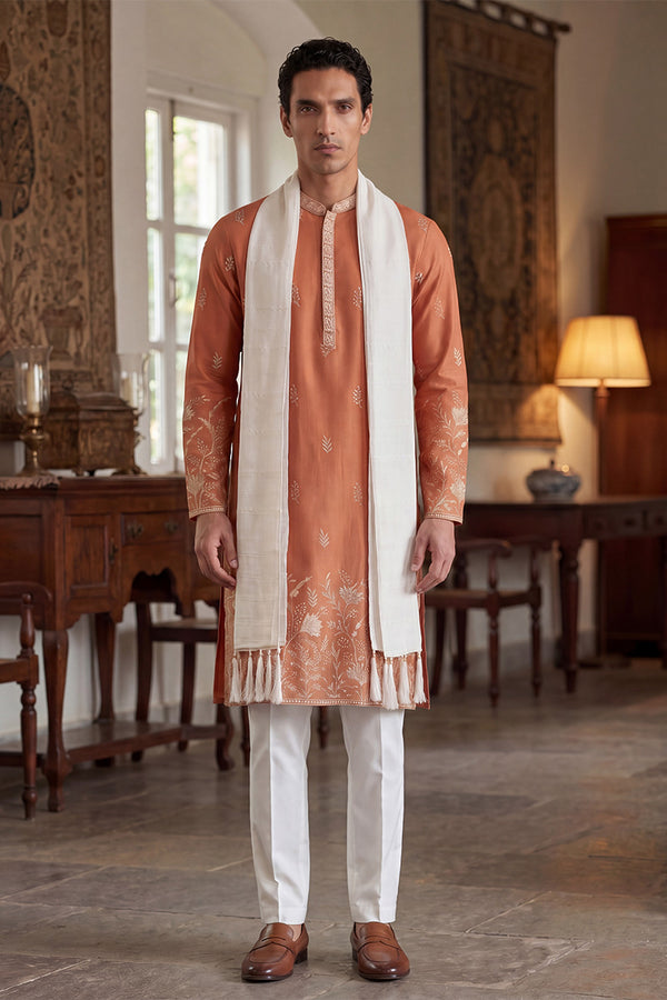 Peach Vartican Solid Embroidered Straight Kurta Sets MKUD1935