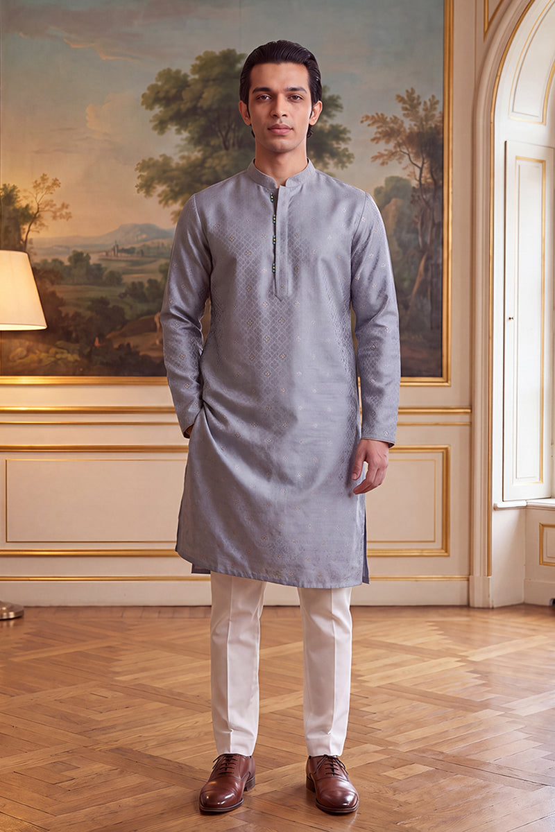 Grey Jacquard Ethnic Motifs Woven Design Kurta MKU2642