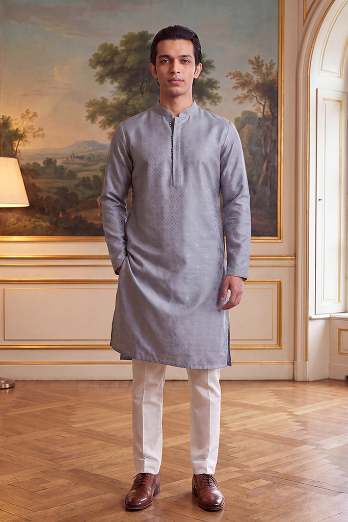 Grey Jacquard Ethnic Motifs Woven Design Kurta MKU2642