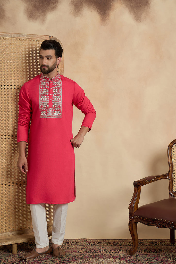 Pink Viscose Rayon Solid Embroidered Thread Work Kurta With Trouser MKSET2459