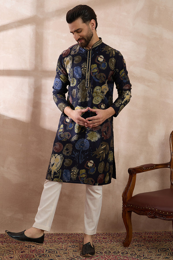 Navy Blue Silk Blend Printed Mandarin Collar Straight Kurta With Trouser MKSET1961