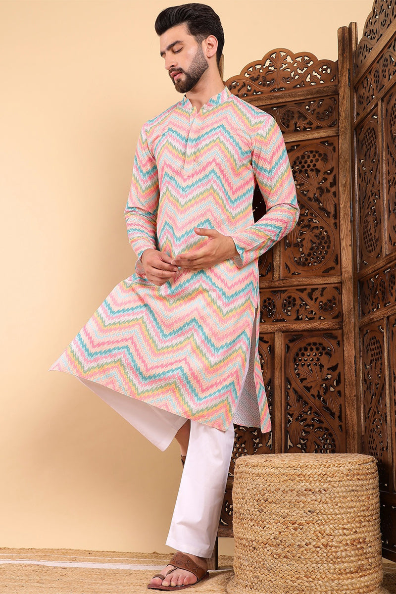 Teal Viscose Rayon Chevron Embroidered Straight Kurta For Men MKU1008TIL
