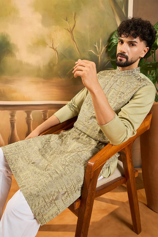 Green Silk Blend Solid Embroidered Straight Kurta MKU1493