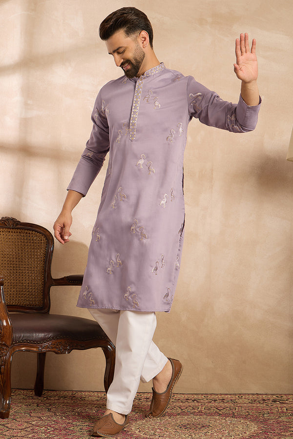 Lavender Silk Blend Solid Embroidered Straight Kurta With Trouser MKSET1815