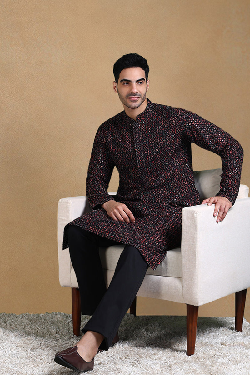 Black Viscose Rayon Geometric Dyed Straight Kurta with Trousers MKSET1013BLK