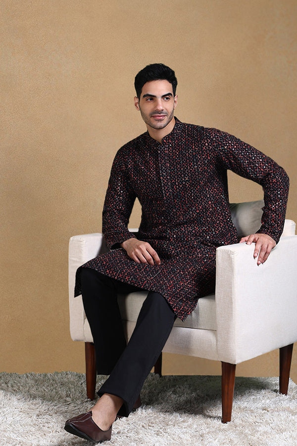 Black Viscose Rayon Geometric Dyed Straight Kurta with Trousers MKSET1013BLK