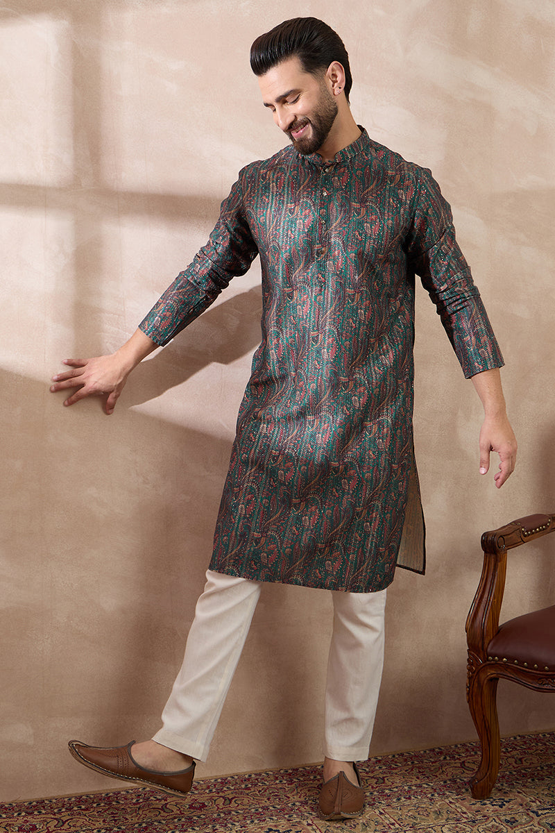 Green Silk Blend Printed Mandarin Collar Straight Kurta With Trouser MKSET2050