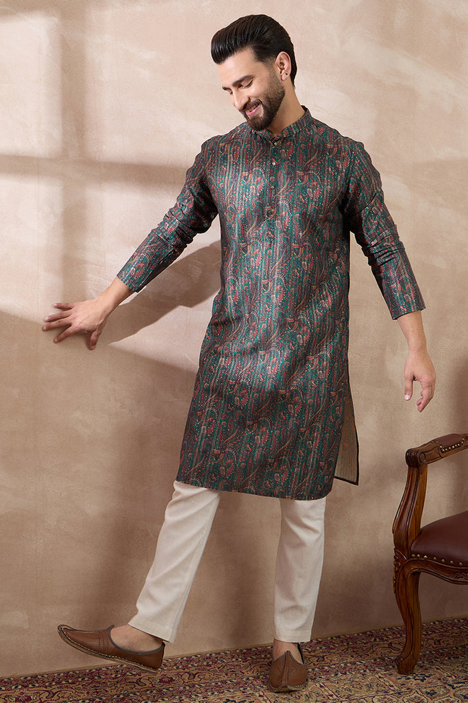 Green Silk Blend Printed Mandarin Collar Straight Kurta With Trouser MKSET2050