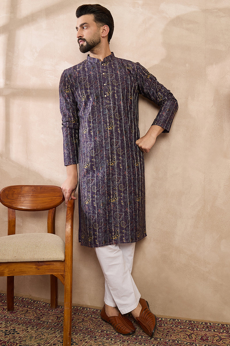 Violet Silk Blend Ethnic Motifs Printed Straight Kurta With Trouser MKSET1954