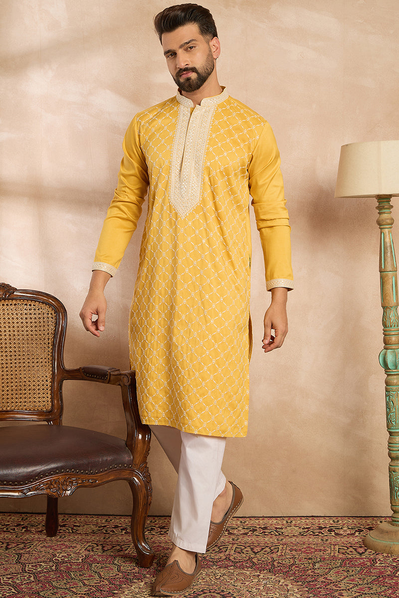 Yellow Silk Blend Solid Embroidered Straight Kurta MKU1691