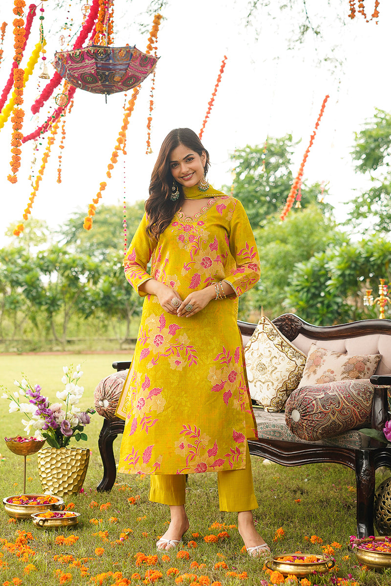 Yellow Rayon Blend Floral Straight Kurta Trousers With Dupatta PKSKD3052