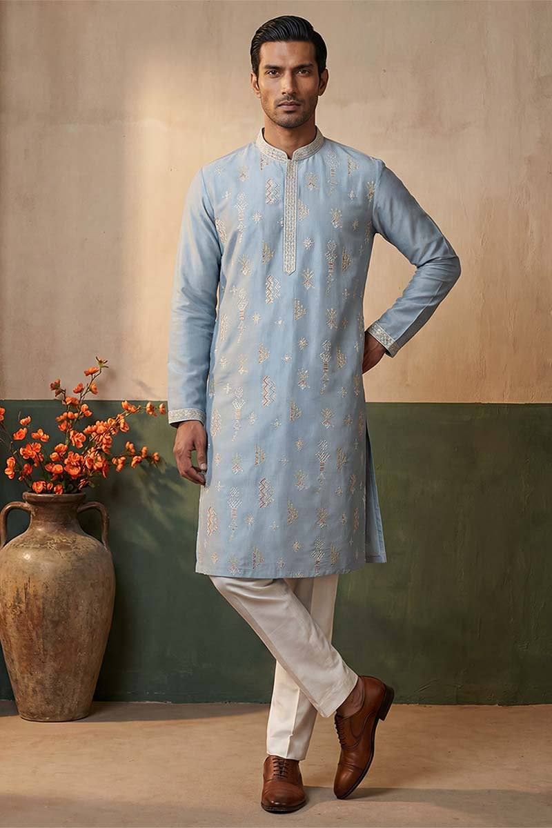 Silk Blend Blue Solid Embroidered Calf Length Straight Kurta With Trousers MKSET2141