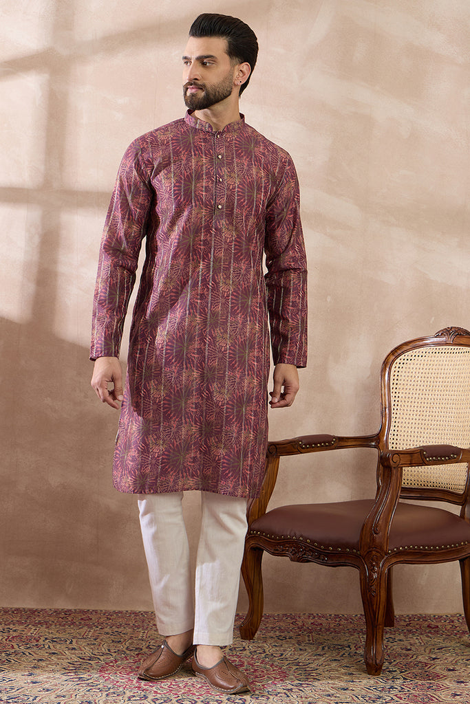 Purple Silk Blend Printed Mandarin Collar Straight Kurta With Trouser MKSET2023