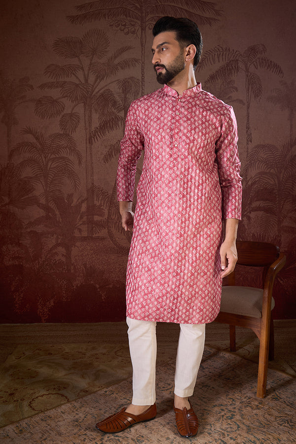 Pink Silk Blend Ethnic Motifs Printed Straight Kurta With Trouser MKSET1938
