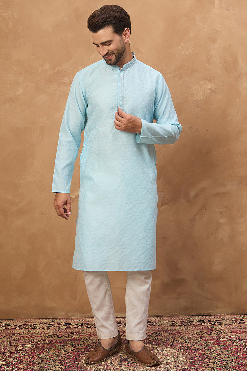 Blue Silk Blend Solid Embroidered Straight Kurta MKU1452