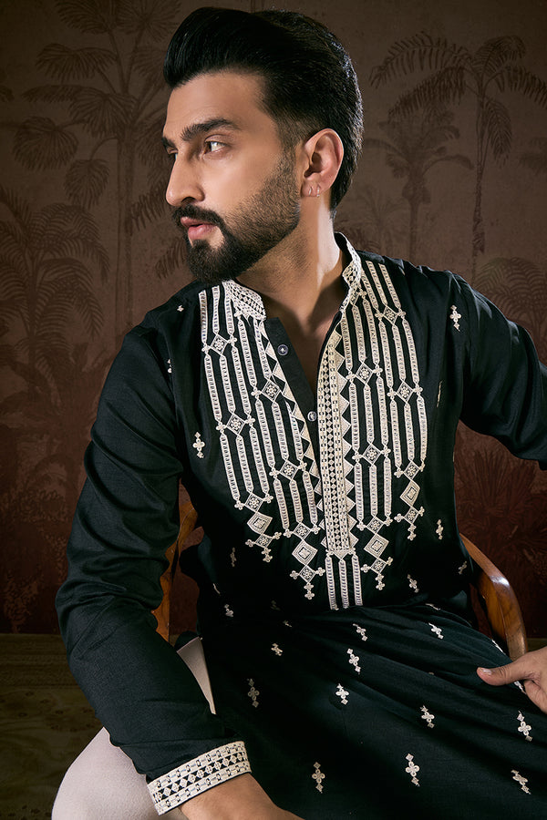 Black Silk Blend Solid Embroidered Straight Kurta With Trouser MKSET1885