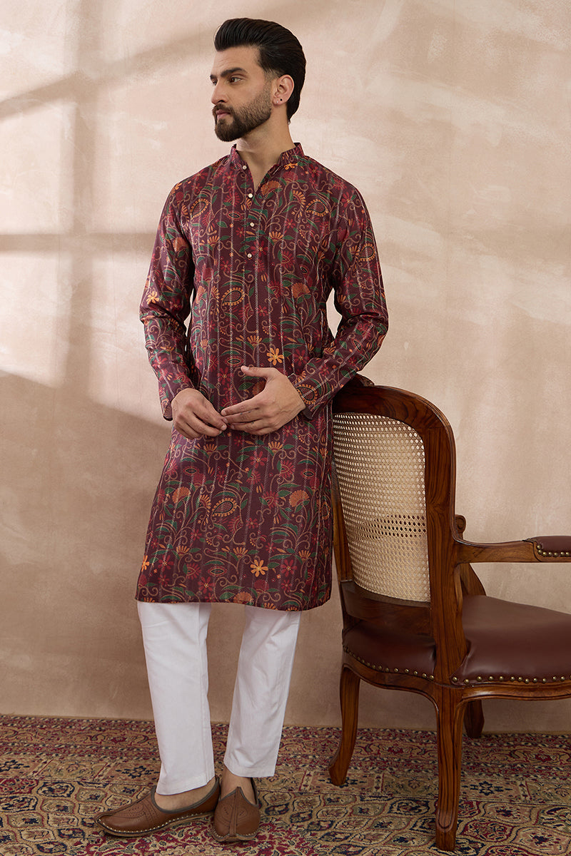 Maroon Silk Blend Printed Mandarin Collar Straight Kurta With Trouser MKSET2024