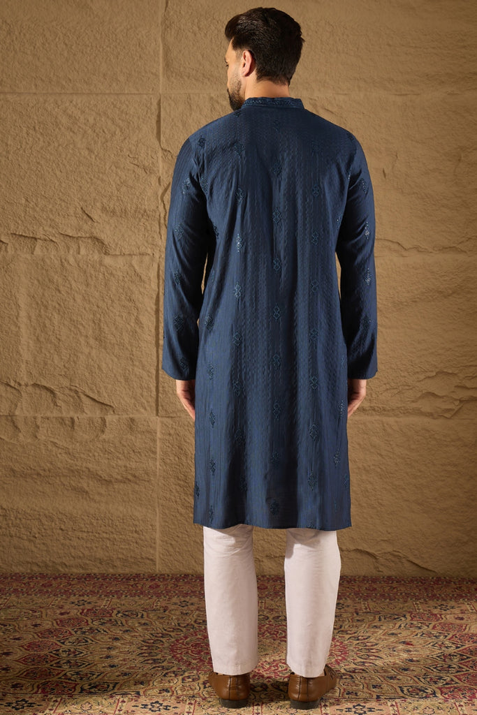 Blue Viscose Rayon Solid Embroidered Straight Kurta MKU1293