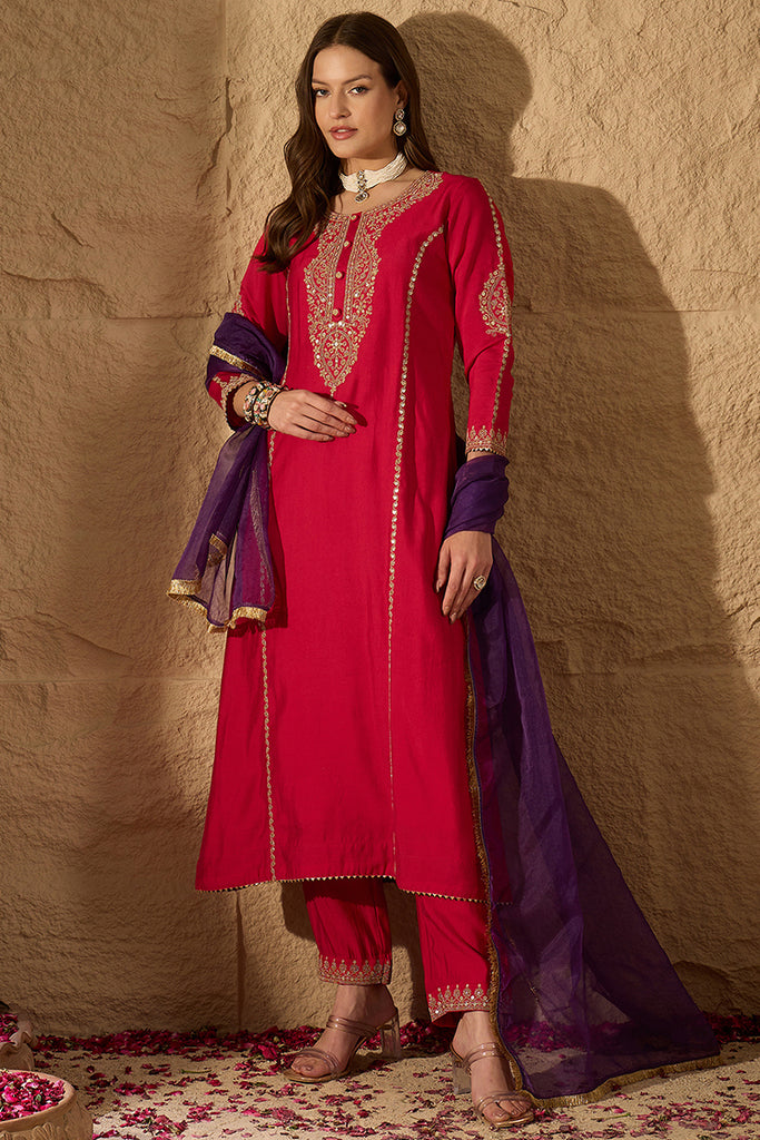 Red Silk Blend Solid Embroidered A-Line Kurta Trouser with Dupatta PKSKD2842