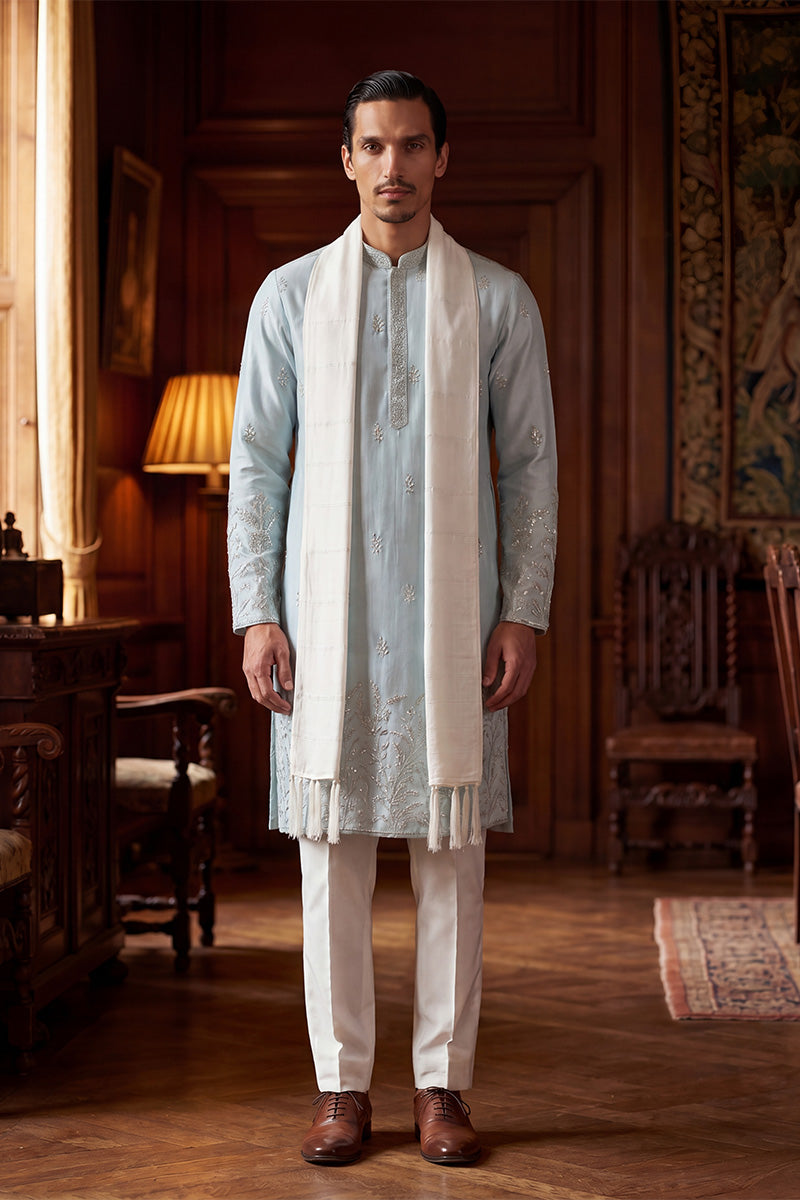 Blue Silk Blend Solid Embroidered Straight Kurta Sets MKPD1785