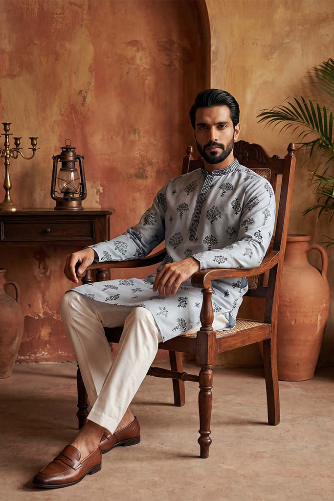 Silk Blend Embroidered Solid Blue Kurta With Trousers MKSET1805