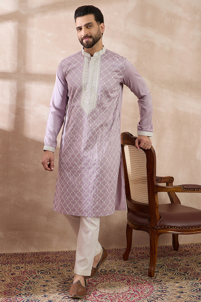 Lavender Silk Blend Embroidered Mandarin Collar Straight Kurta With Trouser MKSET1690