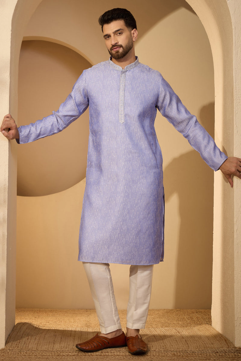 Blue Jacquard Woven Design Mandarin Collar Kurta With Trouser MKSET2777