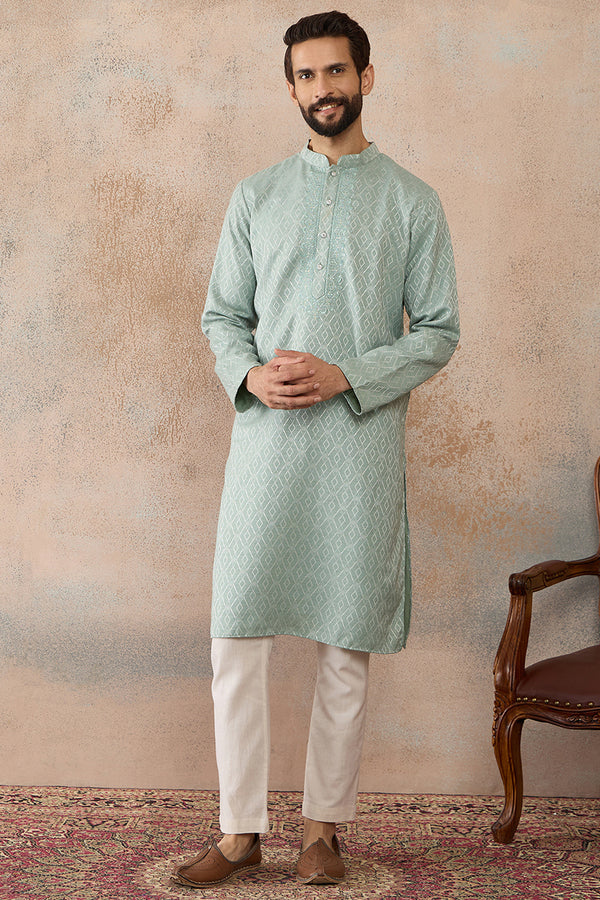Green Linen Blend Geometric Woven Design Kurta With Trouser MKSET2365