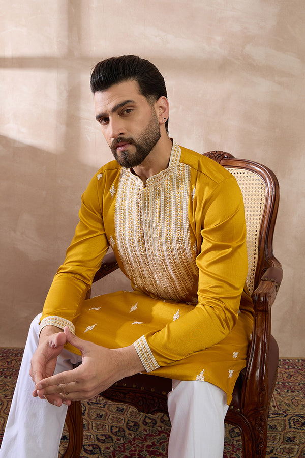 Yellow Silk Blend Embroidered Mandarin Collar Straight Kurta With Trouser MKSET1794