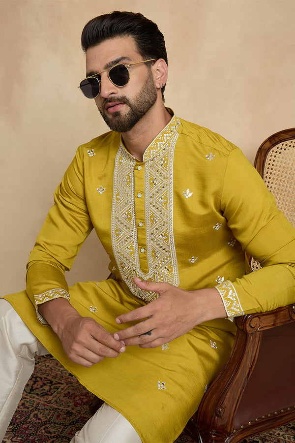 Yellow Silk Blend Solid Embroidered Kurta With Trouser MKSET2412